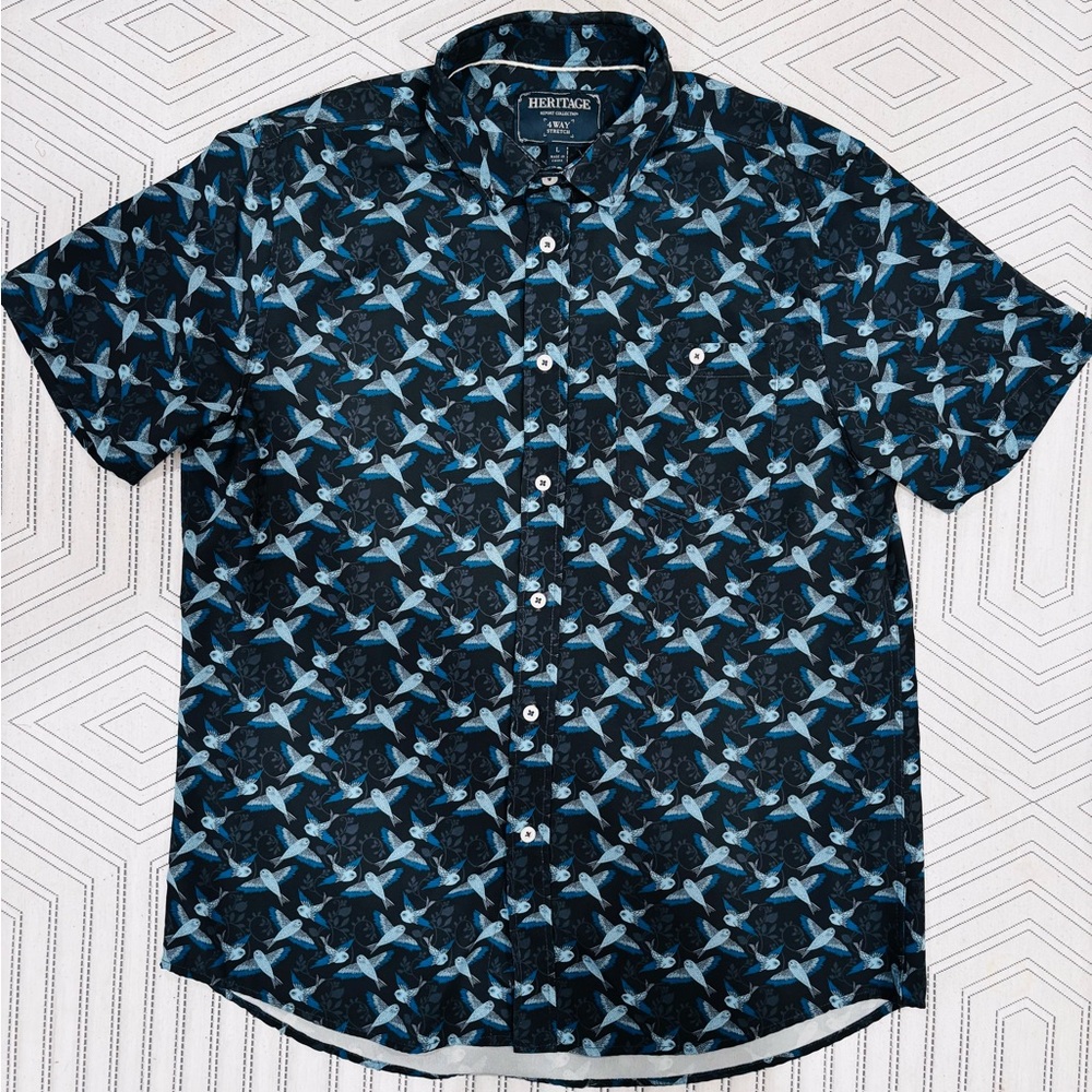 Heritage | Men's Black/Blue Bird Patterned Shirt | Casual Button-Up | Large